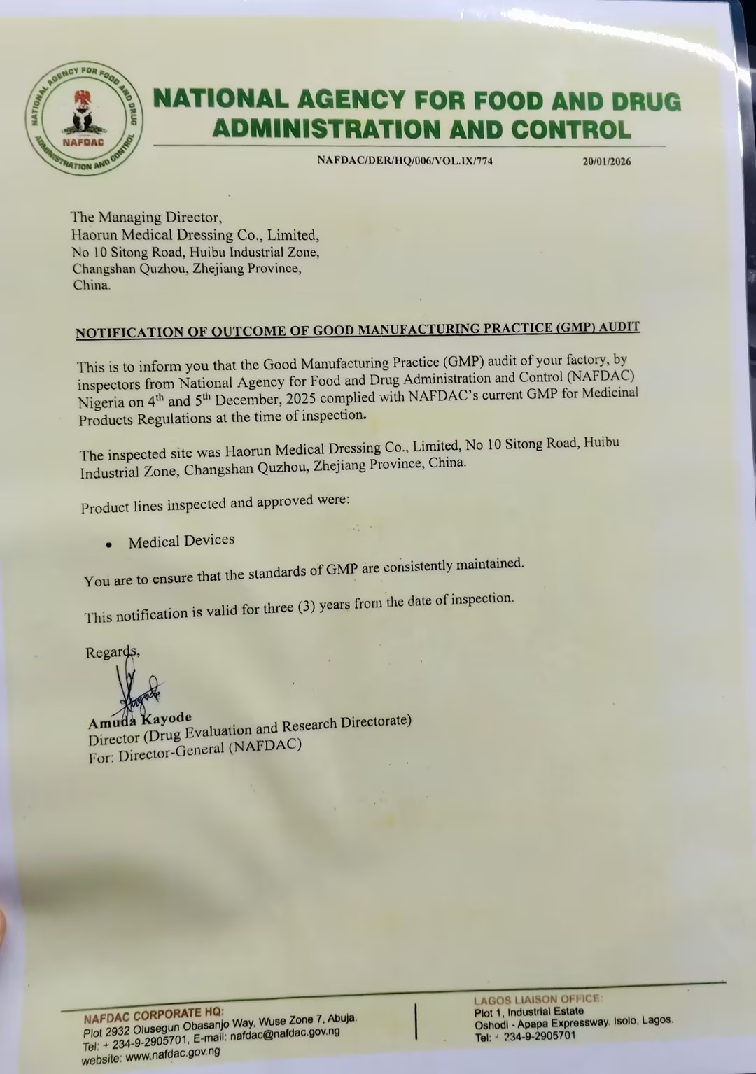 Medicinski izdelki Haorun uradno prejmejo potrdilo o registraciji NAFDAC v Nigeriji